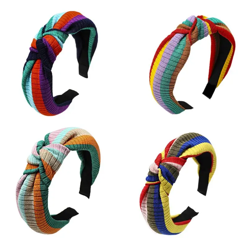 

Korean Rainbow Stripes Wide Headband Women Girls Makeup Wash Face Hair Hoop Twist Bowknot Ribbed Knitted Styling Sweet Headpiece