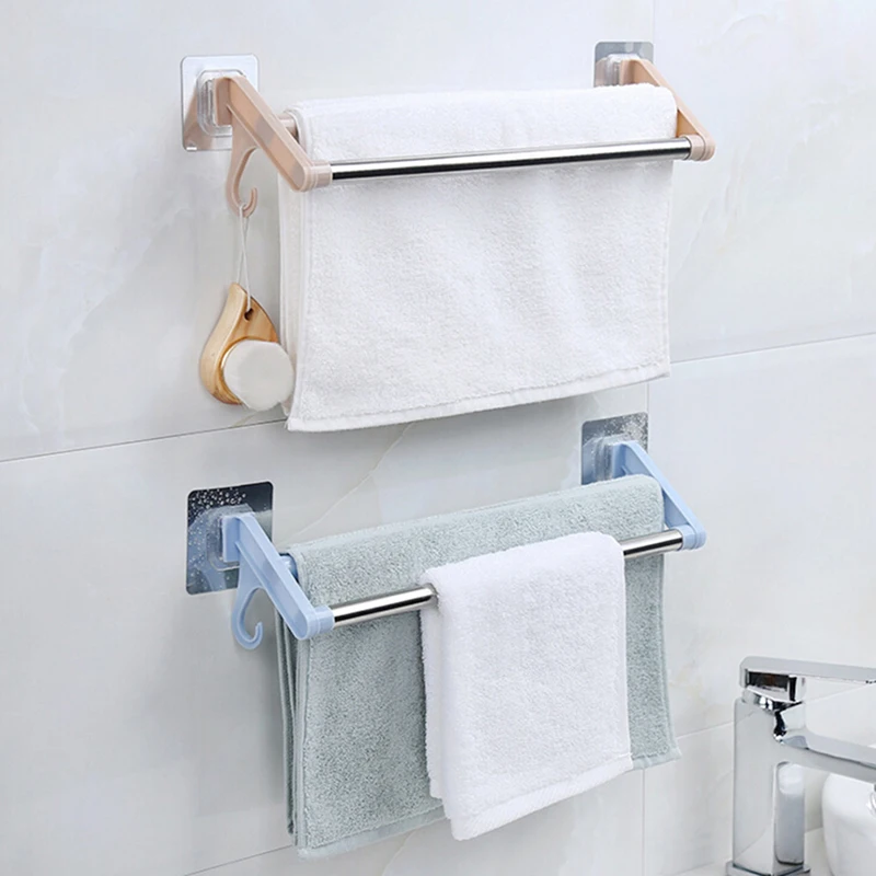 

Hot Bathroom Kitchen Punch-free Towel Racks Stainless Steel Plastic Double Rod No Trace Adhesive Towel Hanging Rod Storage Racks