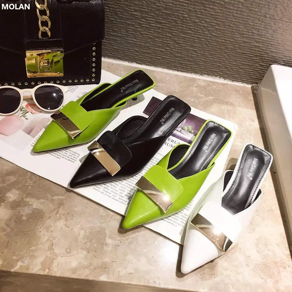 

MOLAN Brand Designer 2019 Autumn Luxury Golden Metal Decoration Shallow Point Shoe Kitten Heels Lady Pumps Slip On Loafers Mules