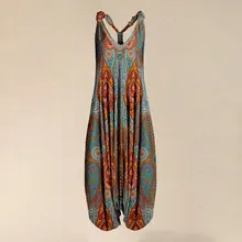 2021 Women Teal & Orange Paisley Racerback Harem Jumpsuit Spaghetti Fashion Vintage Overall Straps Long Jumpsuit Trousers