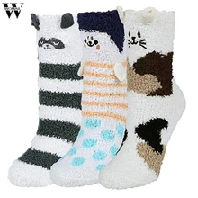 Женские носки; женские пушистые носки; 3 пары теплых мягких тапочек; домашние носки для сна с милыми животными; хлопковые носки с принтом
