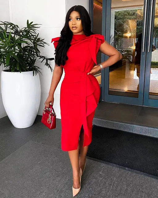 Elegant Lady Red Midi Bodycon Dress Bowtie Sleeve Ruffles Slit Christmas  Date Night Party Clothes Big Size Women Birthday Wear - Dresses - AliExpress