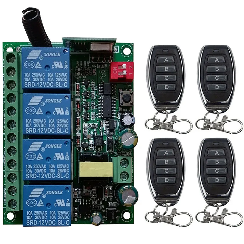 433MHz AC110V 220V 230V 4CH 4 CH Channel 10A Relay RF Wireless Remote Control Switch System Transmitter And Receiver | Электроника