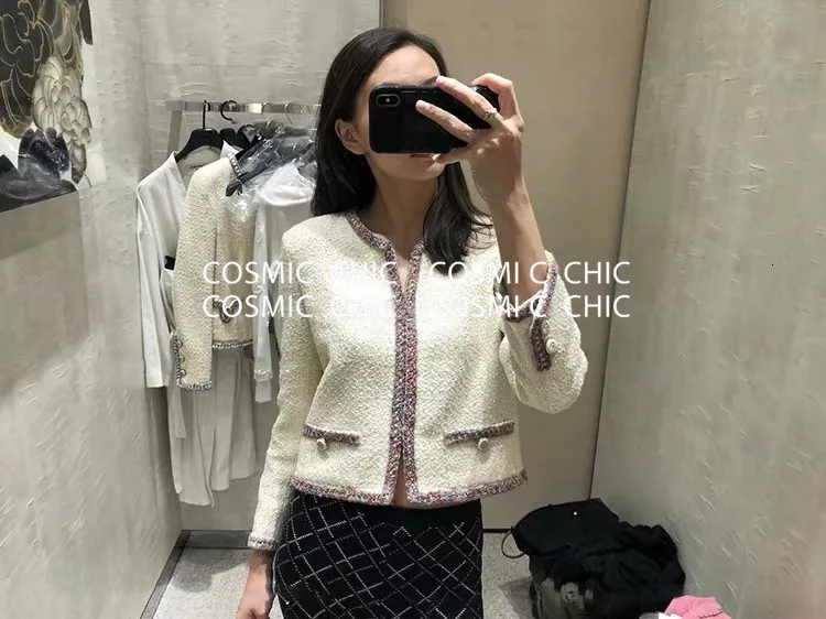 Cosmicchic, женская элегантная короткая куртка, белая, с круглым вырезом, для офиса, для девушек, с длинным рукавом, короткая, с сетчатой подкладкой, подиум, твидовое пальто с карманами