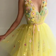 3D цветочные цветы вышивка v-образный вырез Выпускные платья желтые многоуровневые оборки блестки женские вечерние платья de festa