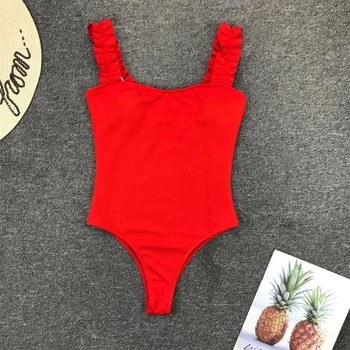 Gossina 2021 New Sexy Female Swimsuit Vintage One Piece Ruffled Push Up Solid Red Swimwear Women Monokini Padded Bathing Suits 3