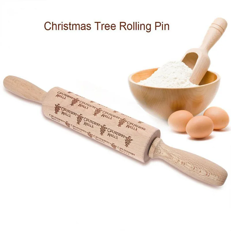 Рождественская булавка с узором из бука, Креативная печать для выпечки печенья, твердая деревянная палочка для лапши, для дома, кухни, рельефная палочка с лосем - Цвет: Christmas tree