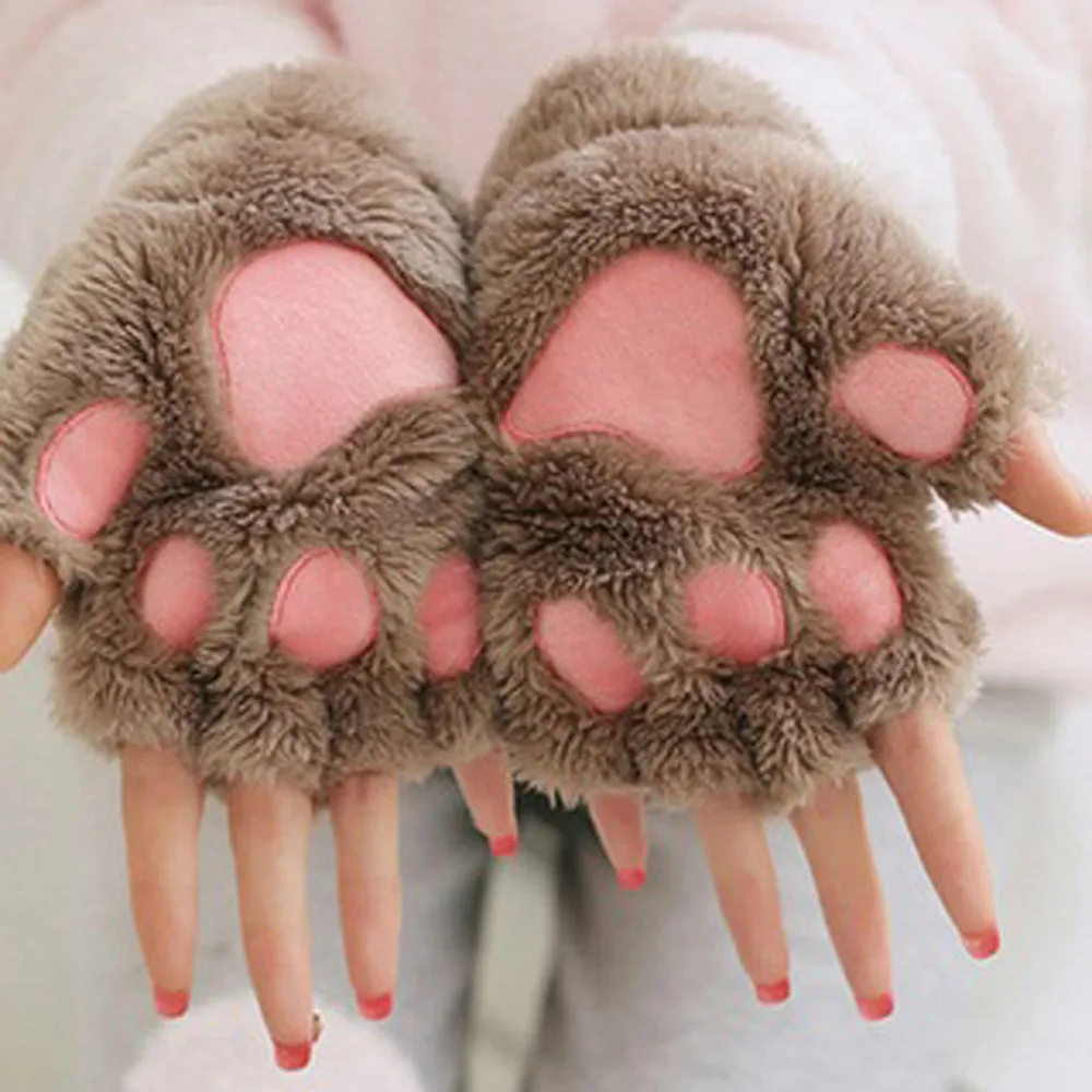 Женская милая кошачья лапа плюшевые варежки теплые мягкие плюшевые короткие без пальцев пушистый медведь кошачьи перчатки костюм половина пальца 913#3 - Цвет: KH