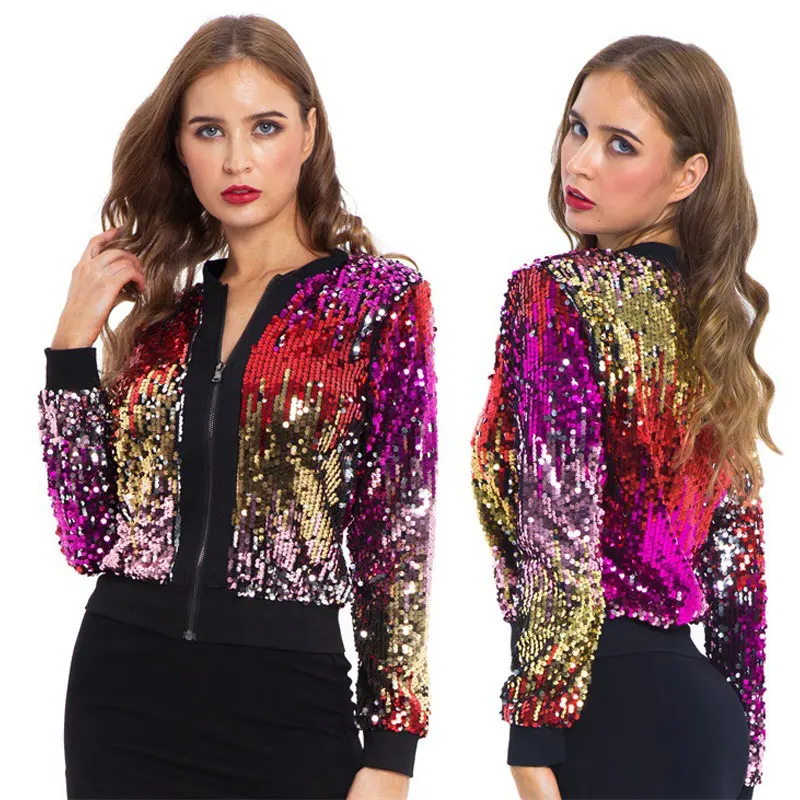 2022 Spring Autumn Sequin Jacket Womens Sparkly Bomber Jacket Long