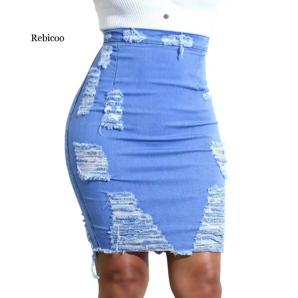 

Ladies High Waist Ripped Denim Distressed Skirt Sky Blue Slim Pencil Bodycon Mini Jean Skirt Casual Womens Skirt Jupe