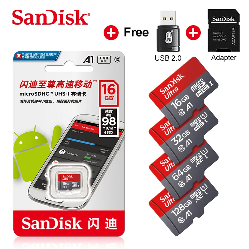 100 Original Sandisk Micro Sd Card Class10 Tf Card 16gb 32gb 64gb 128gb Max 98mb S Memory Card Microsd Adapter Card Reader Micro Sd Cards Aliexpress