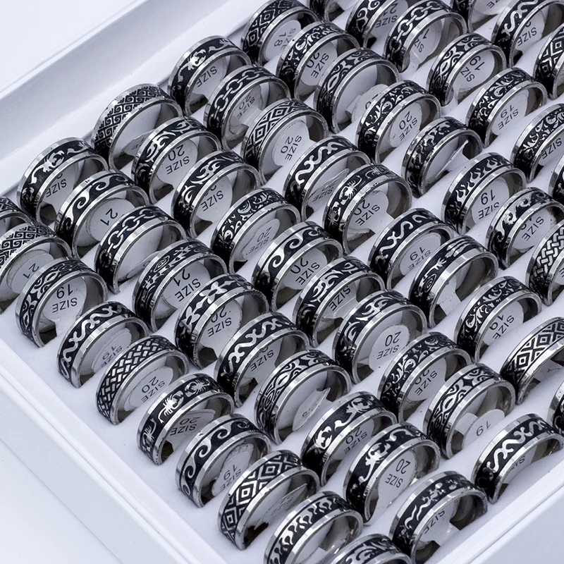 24 Pieces/lot Mixed Stainless Steel Rings Men Fashion Jewelry Bohemian Vintage Big Punk Ring for Party