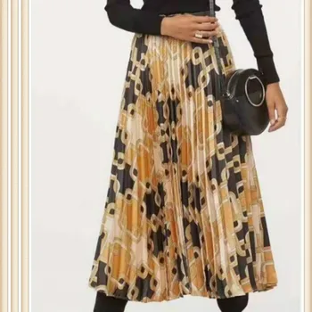 

High Street Chic Women Midi Long Skirt Printed Chains Pleated Elastic Waist Skirts Aline Designer England Female Casual Skirt