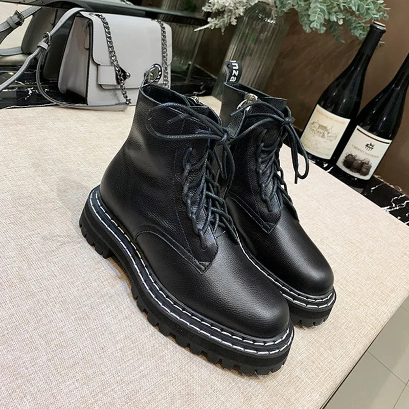 

Genuine Leather Autumn Boots Women Motorcycle Boot Side Zipper Black Platform Booties Fashion Female Lacing Cowhide Flat Bootie