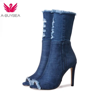 

Hot sale Blue jeans boots new summer shoes ankle boots for women boots blue denim boots high heels sexy peep-toe woman Stiletto