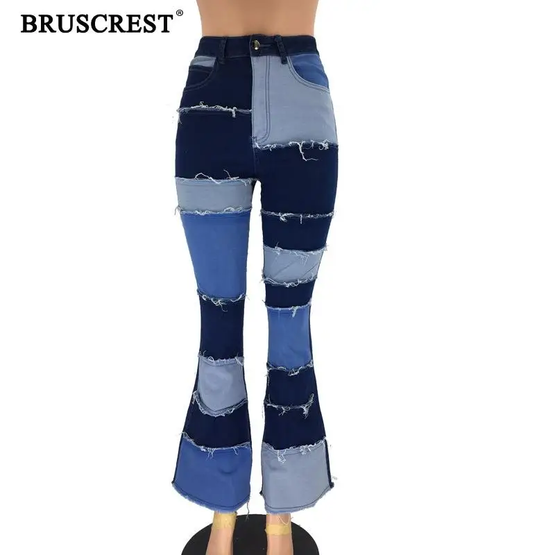 Расклешенные женские джинсы в стиле пэчворк, Стрейчевые рваные джинсы с цветными блоками, винтажные джинсовые штаны, женские брюки, женские