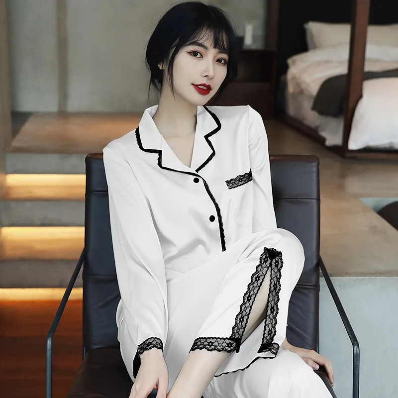 Lace Pj's 2PCS Sleepwear Women Satin Pajamas Suit Summer Pyjamas Casual Intimate Lingerie Long Sleeve Shirt&Pants Lounge Wear