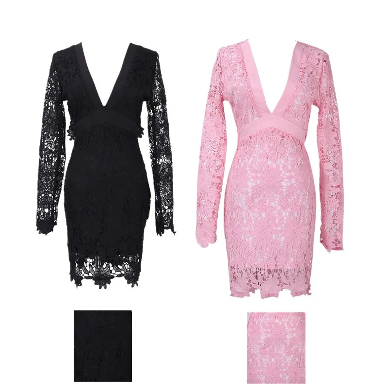 

Fashion Sexy Women Dress 2018 Long Sleeve Lace Hollow Out Up V Neck Bodycon Cocktail Party Mini Dress