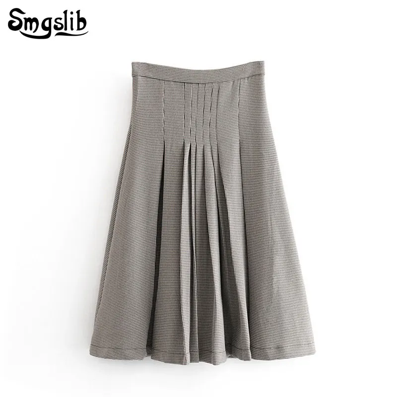 

2019 Fashion Tide New Spring Autumn skirt elegant england style pleated plaid high waist A-line vintage long skirts