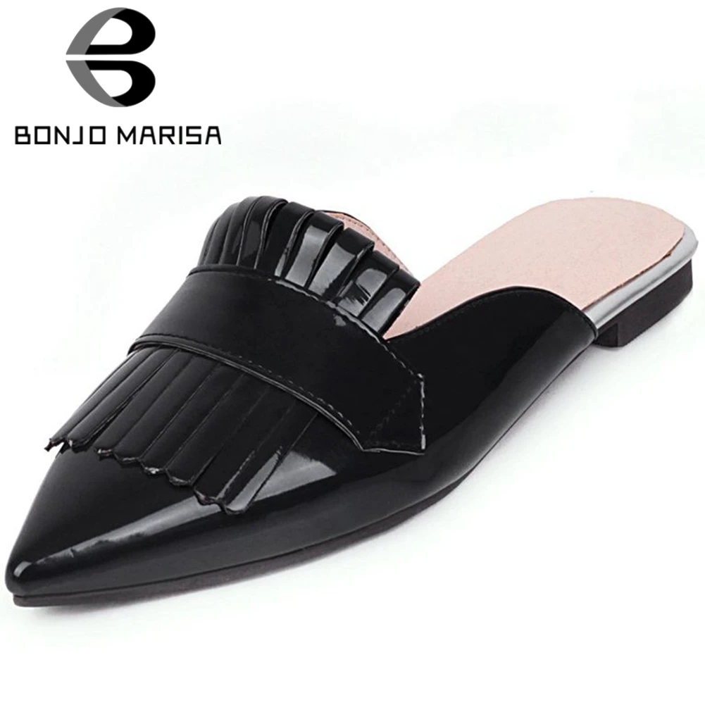 

BONJOMARISA Fashion Brand Lady Summer Pumps Pointed Toe Fringe Leisure Slip On Mules Women Low Heel Casual Black Shoes Woman