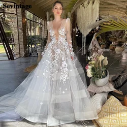 Sevintage Boho Wedding Dresses Lace Appliques Long sleeves V-Neck Bride Dress 3D Flowers A-Line Wedding Gown Plus Size