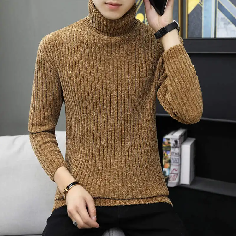 High Quality Warm Turtleneck Sweater Men Fashion Solid Knitted Mens Sweaters Casual Slim Pullover Male Double Collar Tops - Color: Yellow