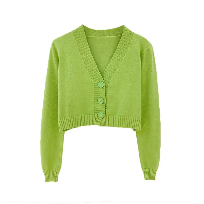 

2020 Autumn Women Knitted Crop Cardigan Women Korean Short Sweater Long Sleeve V Neck Cardigan Female Em*