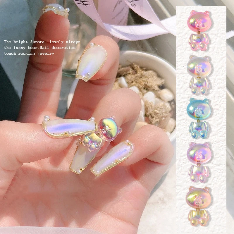6Pcs 3D Cute Bear Resin Nail Art Decorations Aurora Rhinestone For Nails  Glitter Jelly Ornaments Diy Uv Gel Manicure Accessories