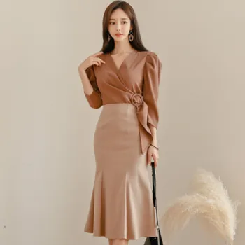 

Autumn V-Neck Two Piece Fishtail Sexy Vestidos Puff Sleeve Blouse Shirt Bodycon Midi Skirt Women's Party Sets Dress