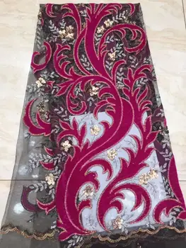 

6 colors (5yards/pc) black and fuchsia pink African velvet French net lace fabric with sequins embroidery for party dress FZZ734