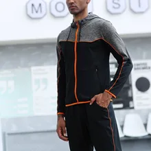 Мужская Фитнес с капюшоном на молнии с длинным рукавом спортивная тренировочная Беговая цветная строчка с О-образным вырезом пальто с капюшоном с карманами