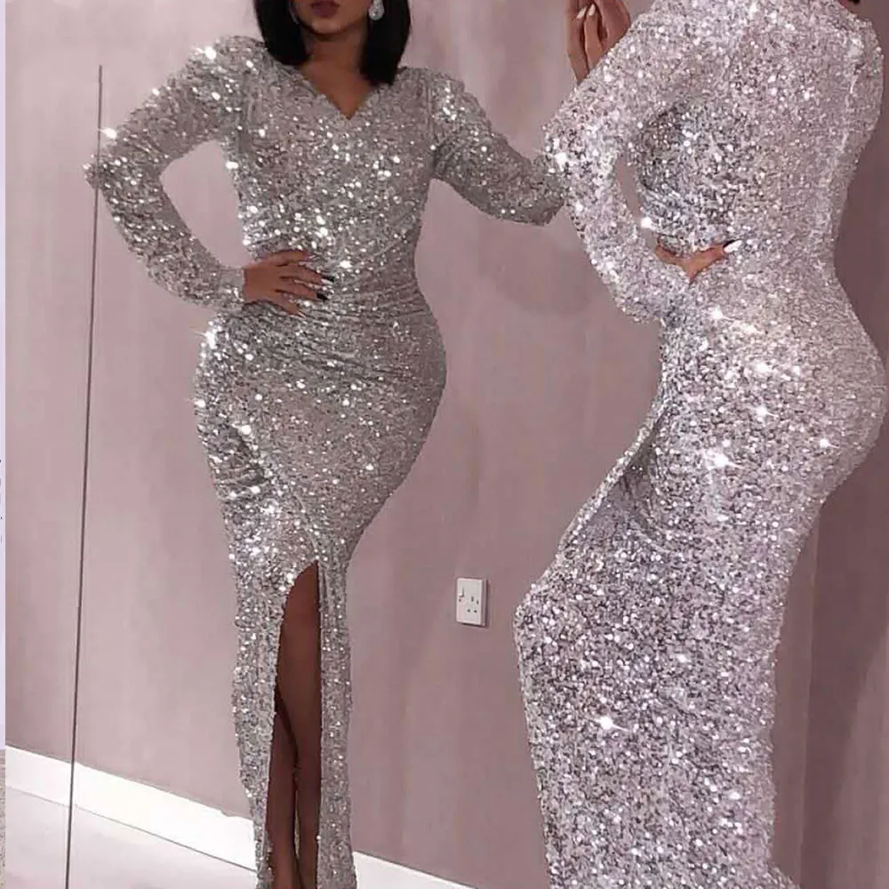 Sexy Sparkling Velvet Sequin Mermaid Prom Dresses 2023 V Neck Long Sleeves Woman Formal Party Gown Abendkleider Custom Made