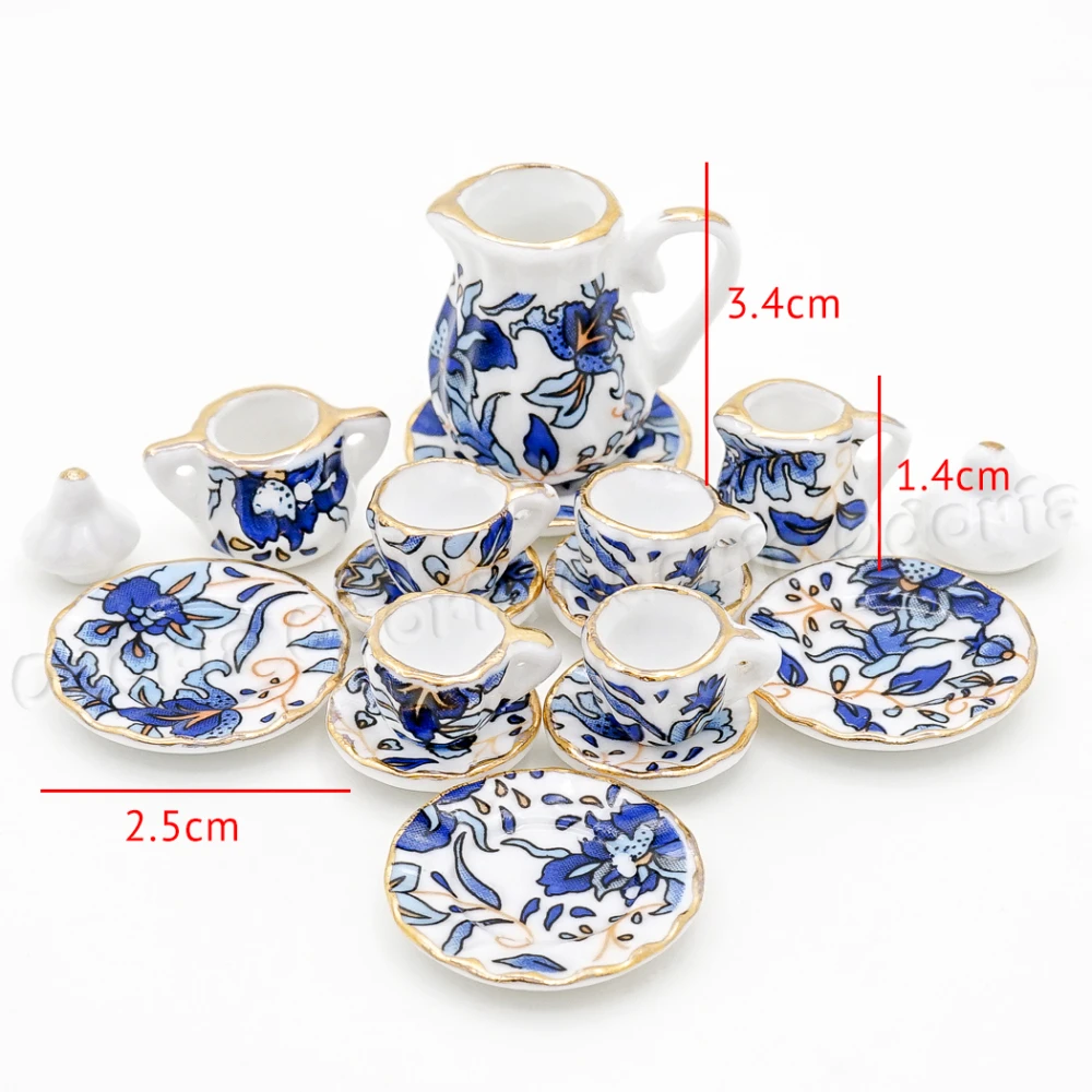 Odoria 1:12 Miniature 16PCS Blue Flower Patten Porcelain Tea Cups Ceramic Teapot Kitchen Set Dollhouse Accessories Decor