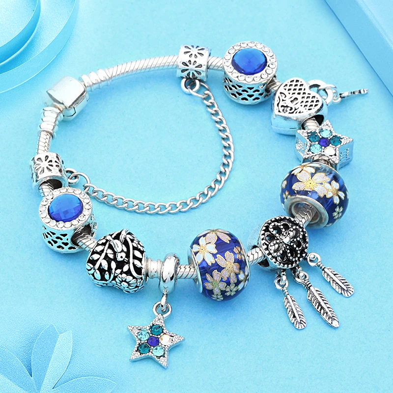 Silver Color Dream Catcher Charm Bracelet with Heart Key Dark Blue Crystal Bead Bracelet Pentagram Bracelet Men Homme Pulsera