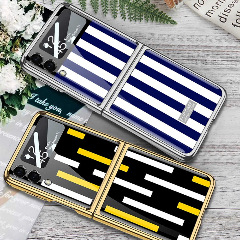 Galaxi Z Flip3 Case Luxury Fashion Stripe Smooth Hard Tempered Glass Fold Phone Cover on for Samsung Galaxy Z Flip 3 Cases Women