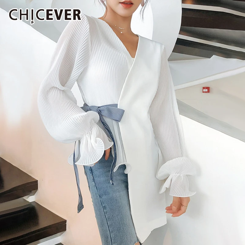 CHICEVER coreano Chic encaje Bowknot camisa de las mujeres con cuello en V de manga linterna asimétrico blusa de mujer de moda de otoño 2020|Blusas y camisas| - AliExpress