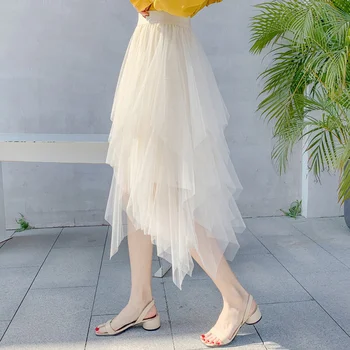 

Tulle Skirts Women High Waist Mesh Skirt Hem Asymmetrical Pleated Midi Skirt Female Slim Black Casual New Autumn Winter Skirts