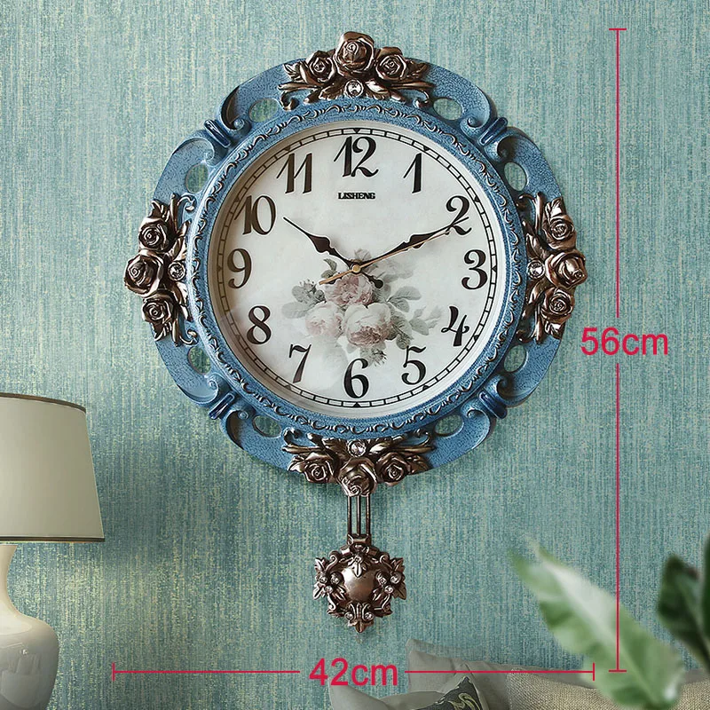 White Swing Pointer Mute Wall Clock Blue Large Retro Carved Rustic Flower Clock Z1217-2  