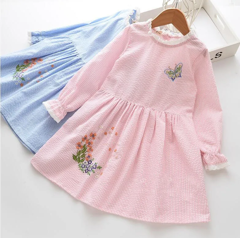 Весенние Хлопковые Платья принцессы в полоску с вышивкой для девочек, детское элегантное платье, 5 шт./партия