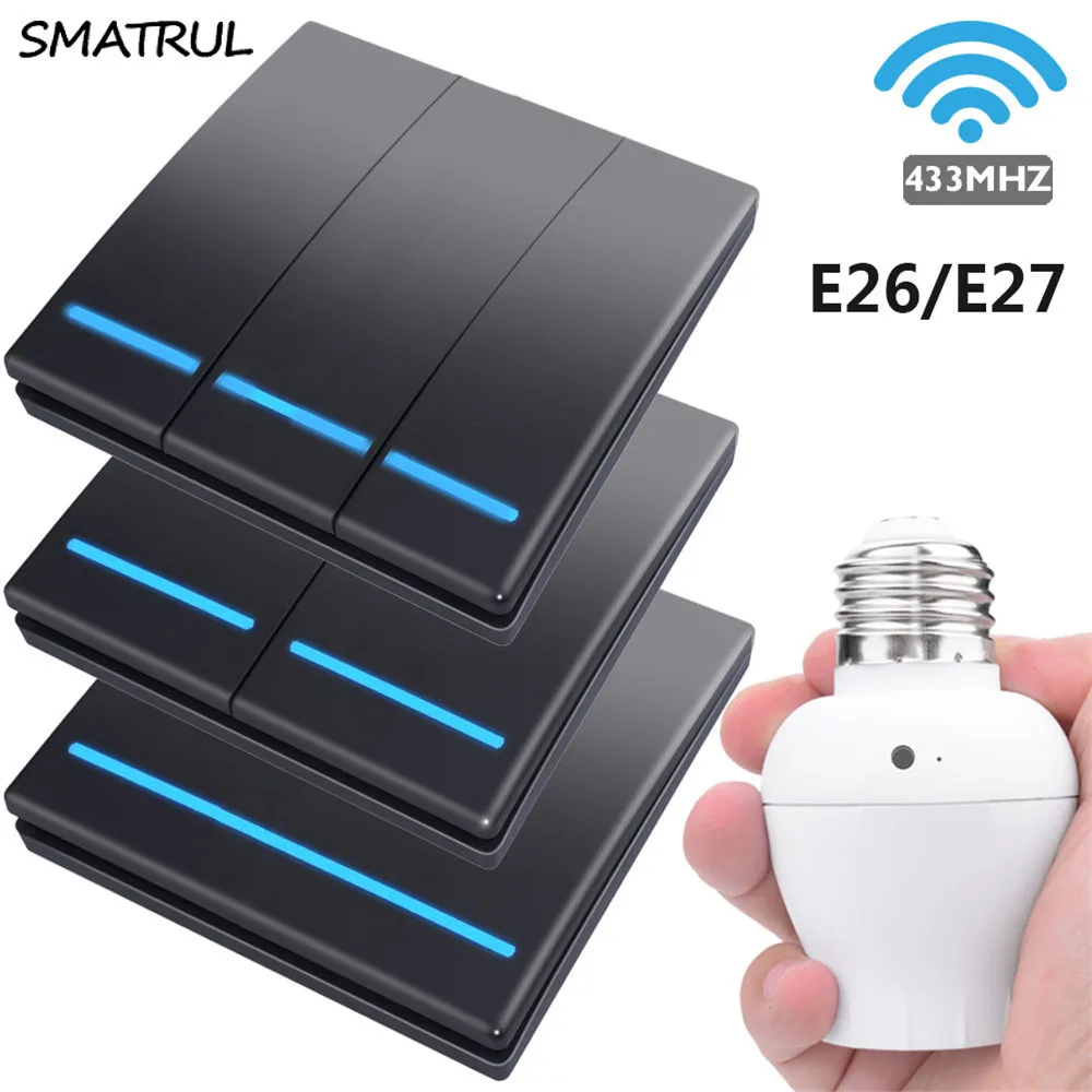 SMATRUL 1/2/3 Gang Smart Push Wireless Switch Light Bulb E26 E27 LED Lamp Holder 433Mhz RF Remote Control Wall Panel 110V 220V |