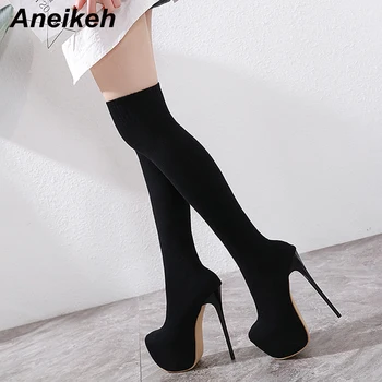 

Aneikeh Fashion Stretch Fabric Over-the-Knee Boots Shoes Woman 17 CM Thin High Heels Chelsea Riding, Equestrian Nightclub Botas
