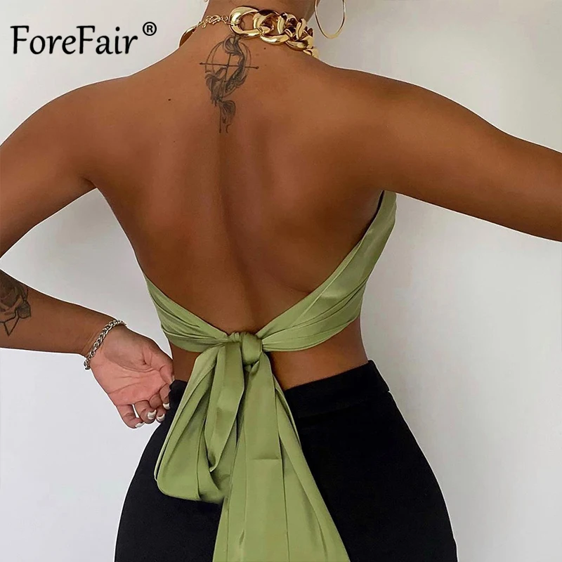 sexy camisole Forefair Chic Metal Chain Halter Sexy Corset Tops Women Sleeveless Backless Wrap Chest Green Crop Top Basic Summer 2022 Fashion white bra