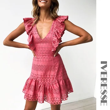 

Ruffle Cotton Lace Hollow Out Elegant Dress Women Summer White Deep V Neck Casual Backless Mini Dress Beach Short Vestidos Loose