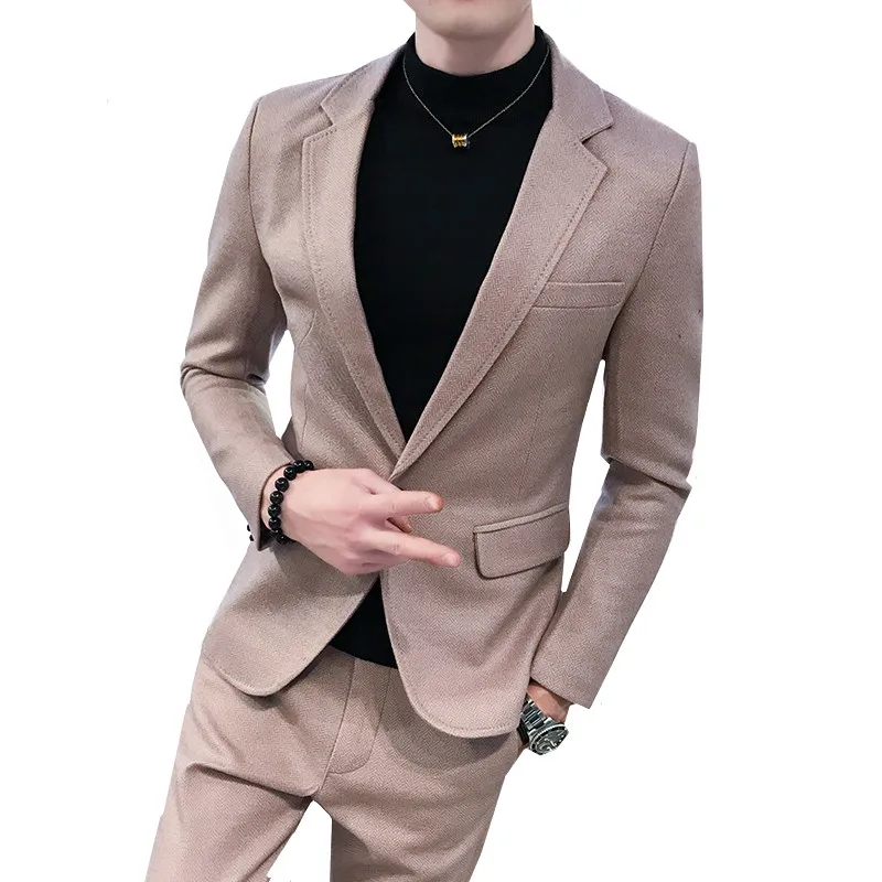

Two Piece Business Party Suits Peaked Lapel One Button Autumn Winter Tweed Wedding Groom Tuxedos Jacket + Pants 2 pcs Sets 4XL