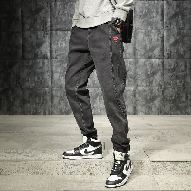 

Fashion Streetwear Men Jeans Loose Fit Spliced Denim Cargo Pants Black Color Slack Bottom Japanese Hip Hop Jeans Men Joggers