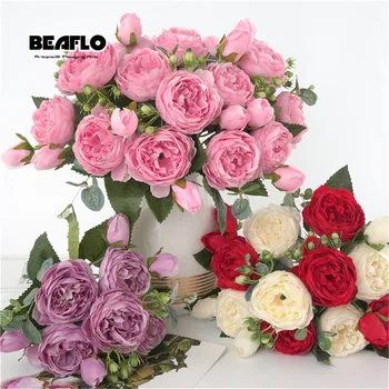 1 ramo de 9 flores artificiales de peonía de cabeza, rosa de té, Camelia, flor de seda, flores artificiales para decoración de hogar, jardín y boda