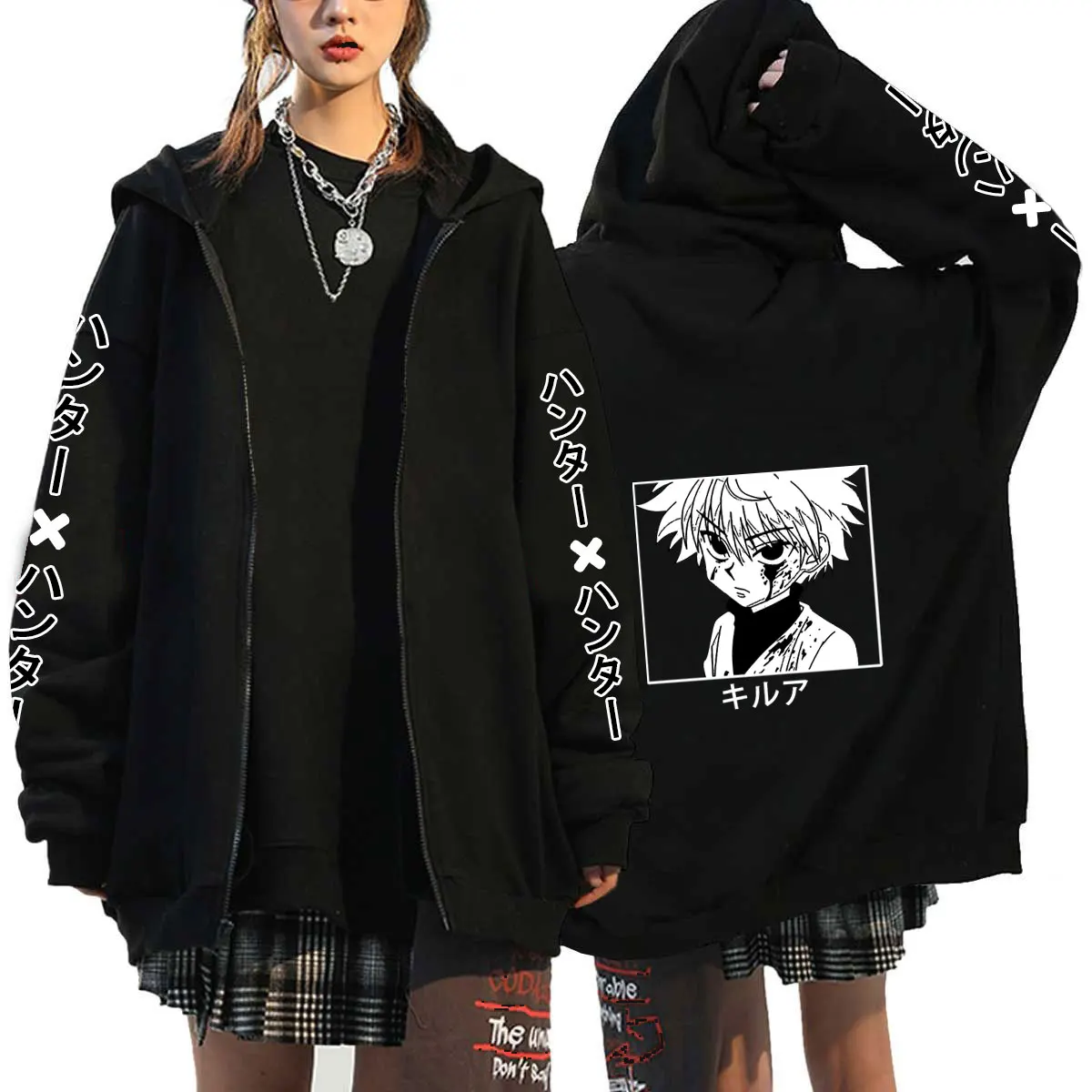 Hunter X Killua Zoldyck Zip Up Hoodies Streetwear Plus Size Jackets Coats Long Sleeve Fleece Zipper Anime | Женская одежда