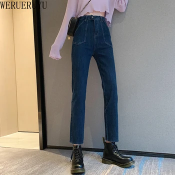 

WERUERUYU High Waist Jeans Wide Leg Pants Casual Loose Vintage Washed Full Length Trousers Blue Denim Pants Winter Autumn