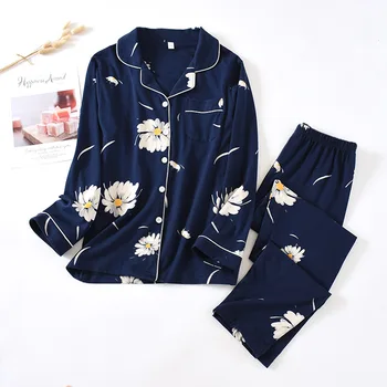 

Autumn Daisy Printed Women's Pajama Cotton Plus Size Two-piece Set Brief Fashion Long Sleeve Home Clothes Female Sleepwear