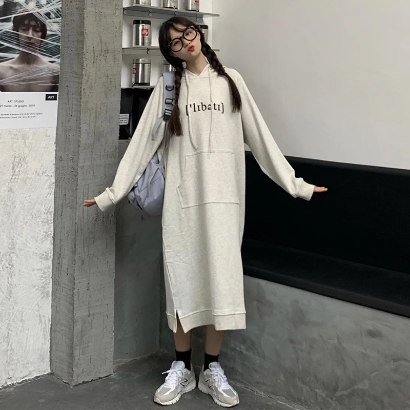 hooded straight preppy style full Spring and autumn loose long dress Harajuku high quality dresses letter Women's Clothing | Женская